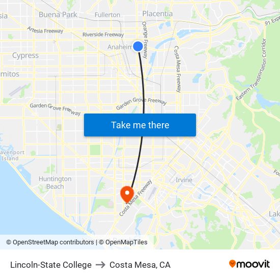 Lincoln-State College to Costa Mesa, CA map