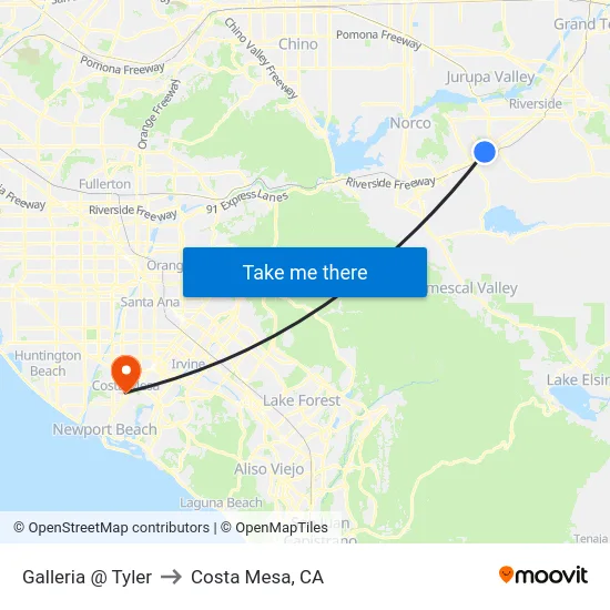 Galleria @ Tyler to Costa Mesa, CA map