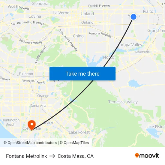Fontana Metrolink to Costa Mesa, CA map