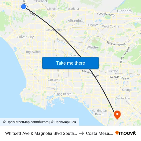 Whitsett Ave & Magnolia Blvd Southbound to Costa Mesa, CA map