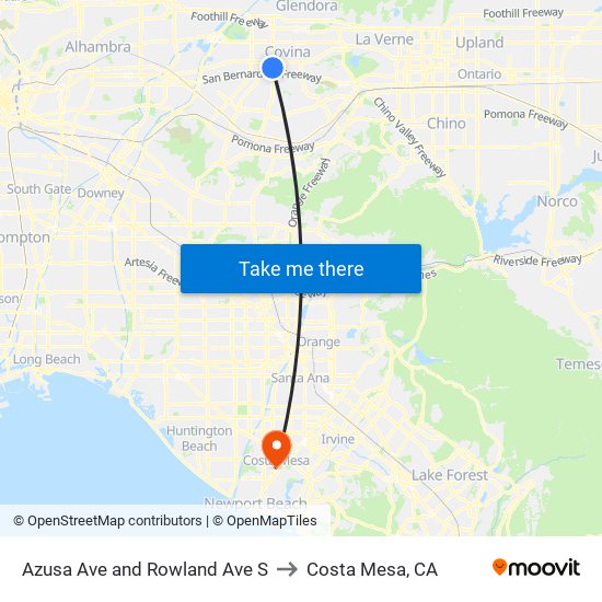 Azusa Ave and Rowland Ave S to Costa Mesa, CA map