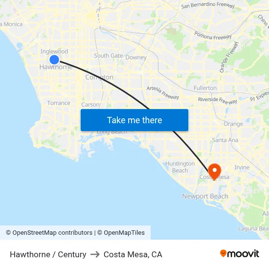 Hawthorne / Century to Costa Mesa, CA map