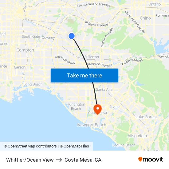 Whittier/Ocean View to Costa Mesa, CA map