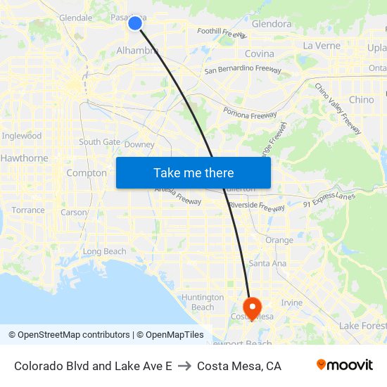 Colorado Blvd and Lake Ave E to Costa Mesa, CA map