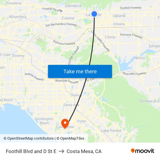 Foothill Blvd and D St E to Costa Mesa, CA map