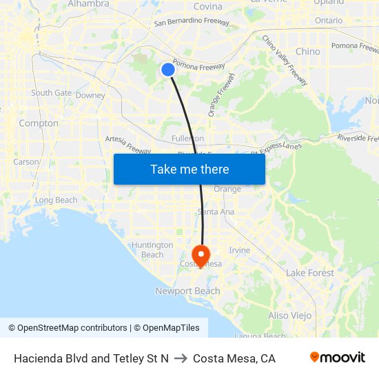 Hacienda Blvd and Tetley St N to Costa Mesa, CA map