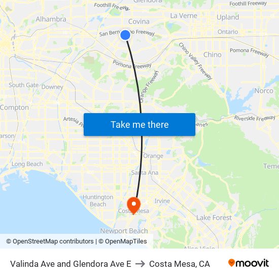Valinda Ave and Glendora Ave E to Costa Mesa, CA map