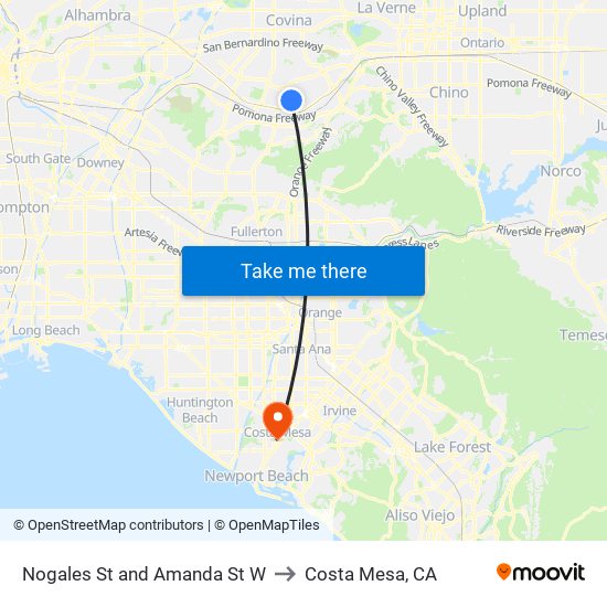 Nogales St and Amanda St W to Costa Mesa, CA map
