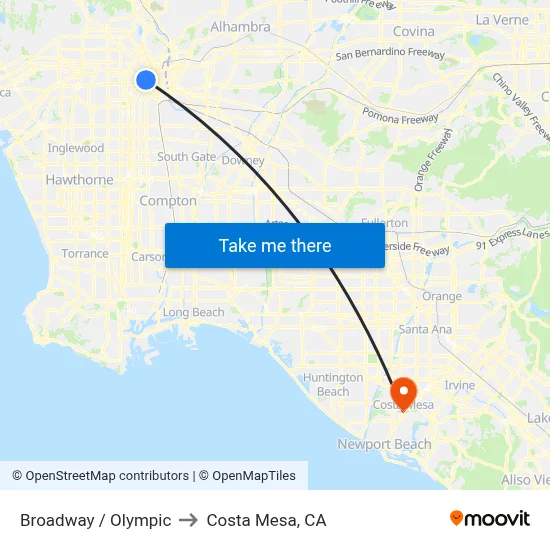 Broadway / Olympic to Costa Mesa, CA map