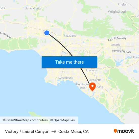 Victory / Laurel Canyon to Costa Mesa, CA map