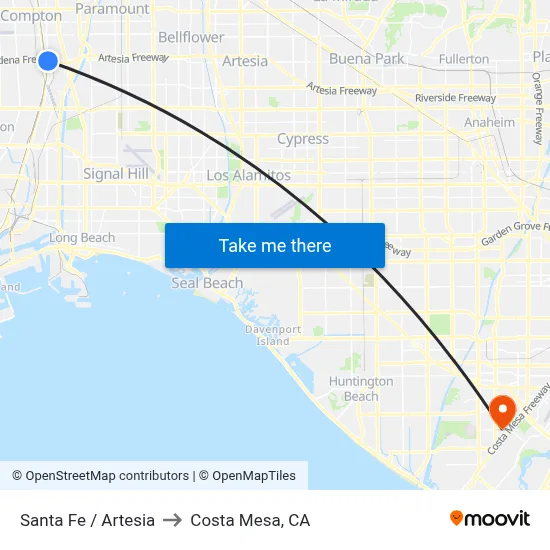 Santa Fe / Artesia to Costa Mesa, CA map