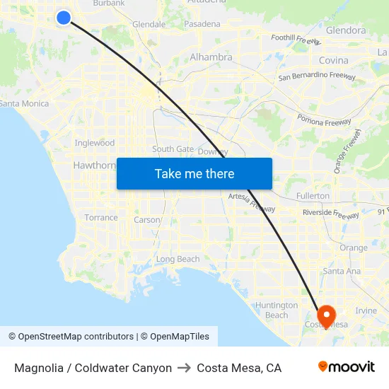 Magnolia / Coldwater Canyon to Costa Mesa, CA map