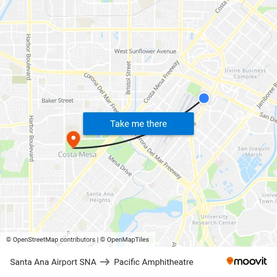Santa Ana Airport SNA to Pacific Amphitheatre map