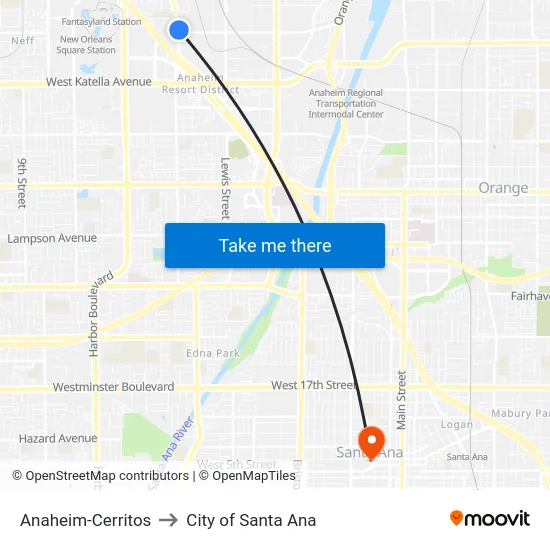 Anaheim-Cerritos to City of Santa Ana map