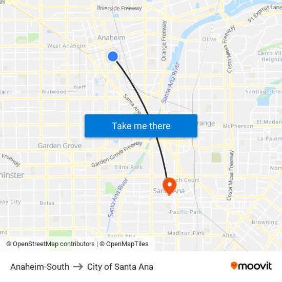 Anaheim-South to City of Santa Ana map