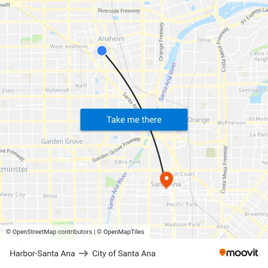 Harbor-Santa Ana to City of Santa Ana map
