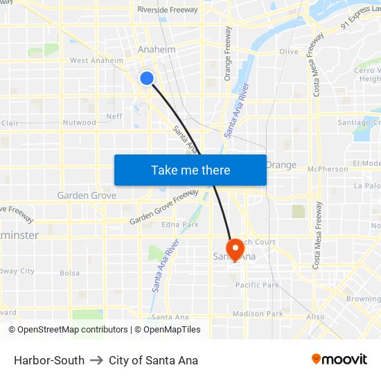 Harbor-South to City of Santa Ana map