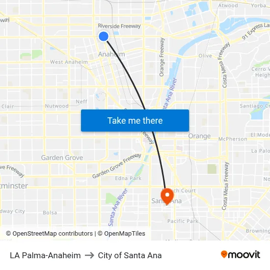 LA Palma-Anaheim to City of Santa Ana map