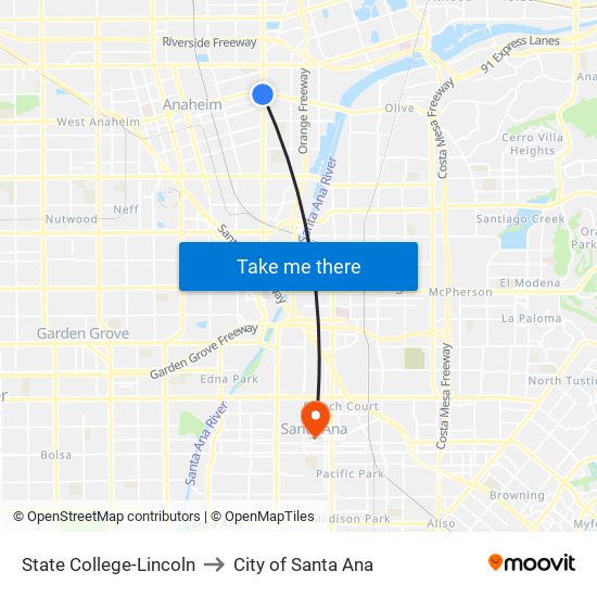 State College-Lincoln to City of Santa Ana map