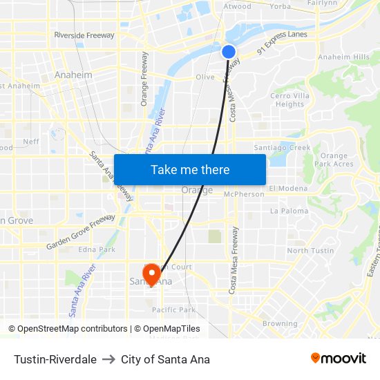 Tustin-Riverdale to City of Santa Ana map
