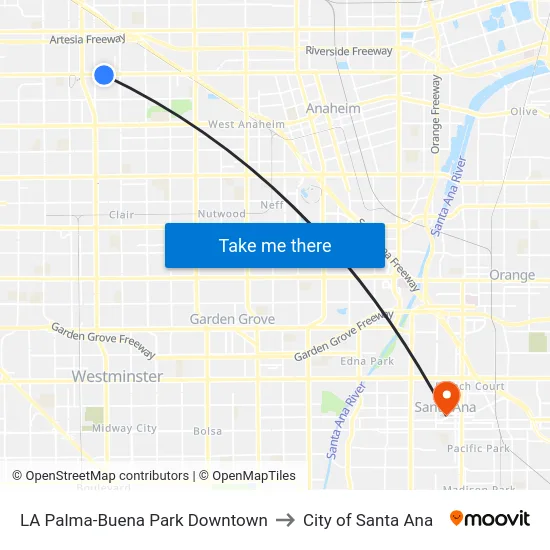 LA Palma-Buena Park Downtown to City of Santa Ana map