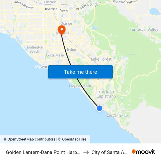 Golden Lantern-Dana Point Harbor to City of Santa Ana map