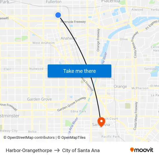 Harbor-Orangethorpe to City of Santa Ana map