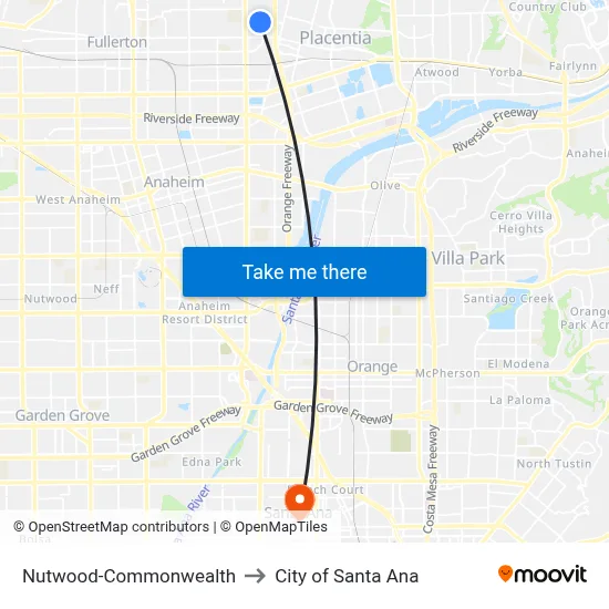 Nutwood-Commonwealth to City of Santa Ana map