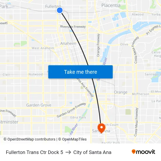 Fullerton Trans Ctr Dock 5 to City of Santa Ana map