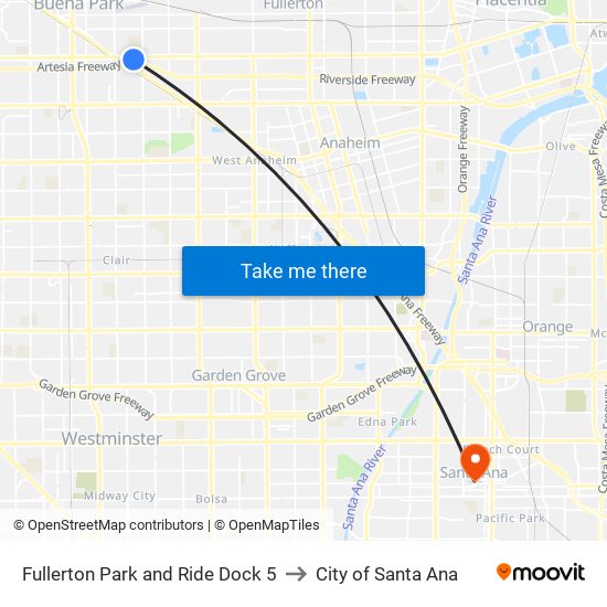 Fullerton Park and Ride Dock 5 to City of Santa Ana map
