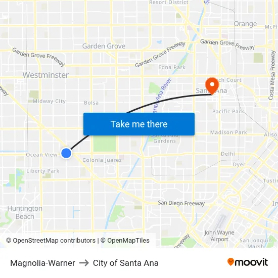 Magnolia-Warner to City of Santa Ana map