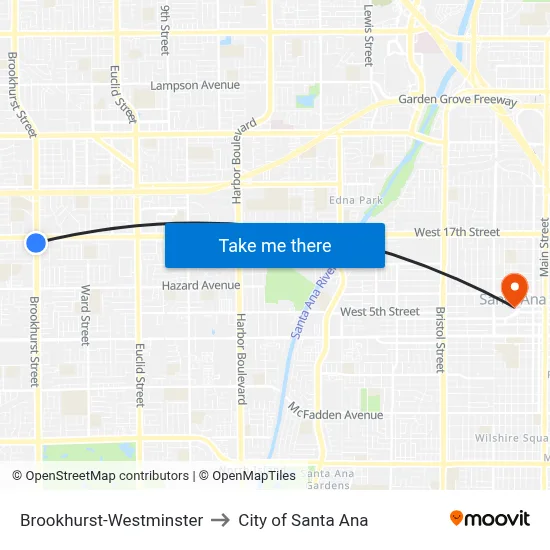 Brookhurst-Westminster to City of Santa Ana map