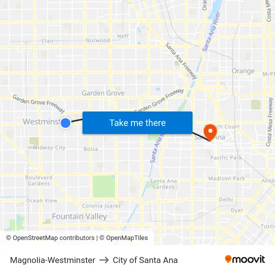 Magnolia-Westminster to City of Santa Ana map