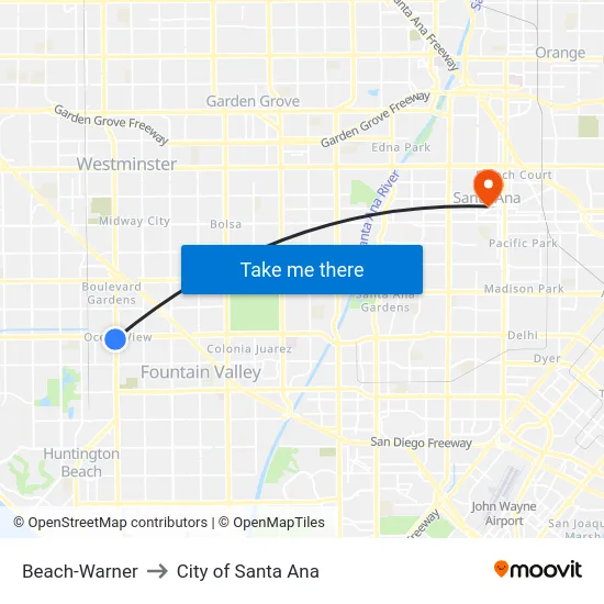 Beach-Warner to City of Santa Ana map