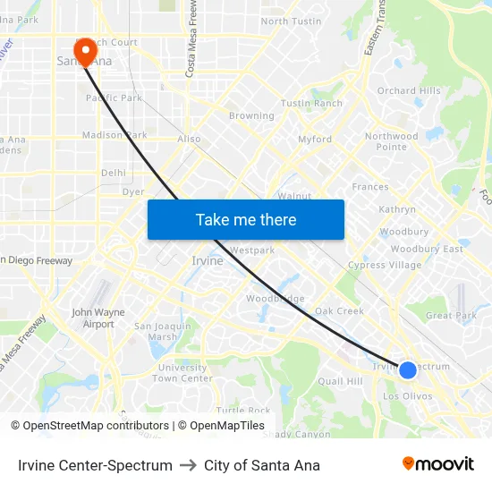 Irvine Center-Spectrum to City of Santa Ana map