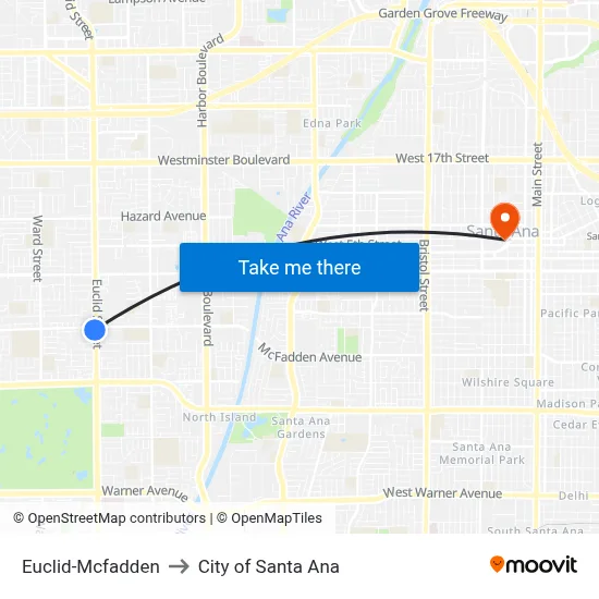 Euclid-Mcfadden to City of Santa Ana map