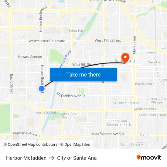 Harbor-Mcfadden to City of Santa Ana map