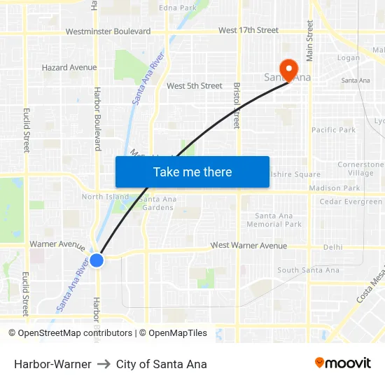 Harbor-Warner to City of Santa Ana map