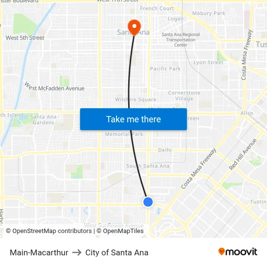 Main-Macarthur to City of Santa Ana map
