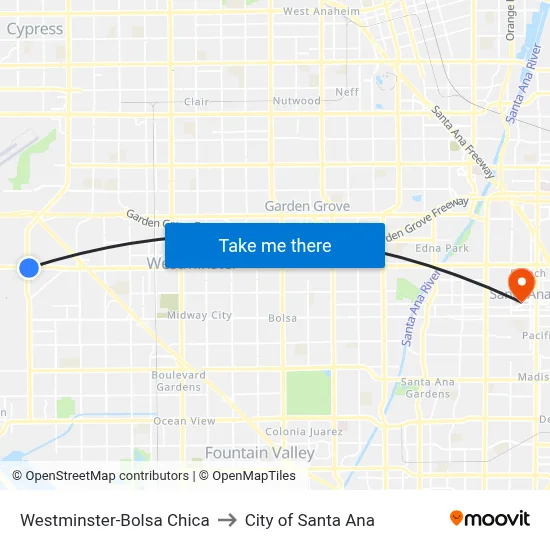 Westminster-Bolsa Chica to City of Santa Ana map