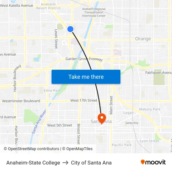 Anaheim-State College to City of Santa Ana map