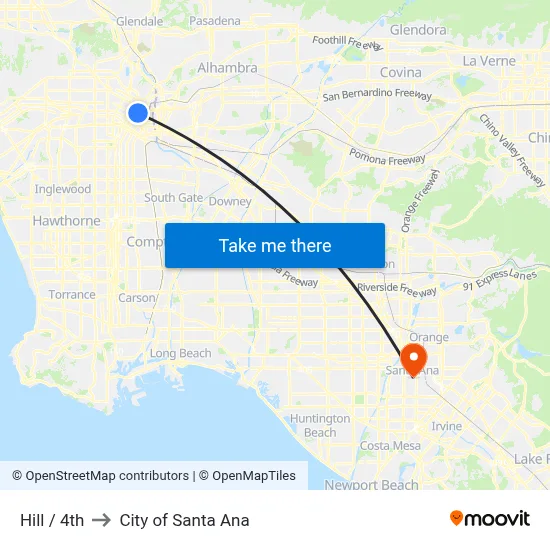Hill / 4th to City of Santa Ana map