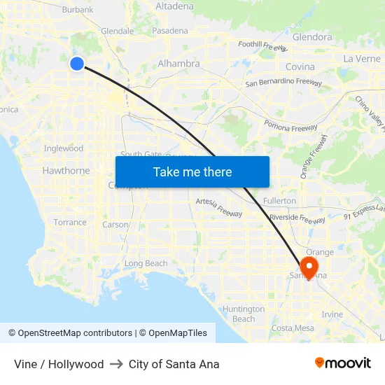 Vine / Hollywood to City of Santa Ana map