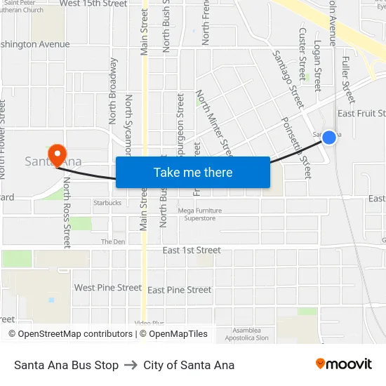 Santa Ana Bus Stop to City of Santa Ana map