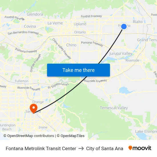 Fontana Metrolink Transit Center to City of Santa Ana map