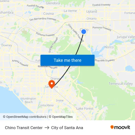 Chino Transit Center to City of Santa Ana map