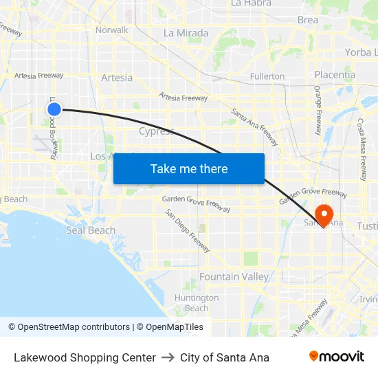 Lakewood Shopping Center to City of Santa Ana map