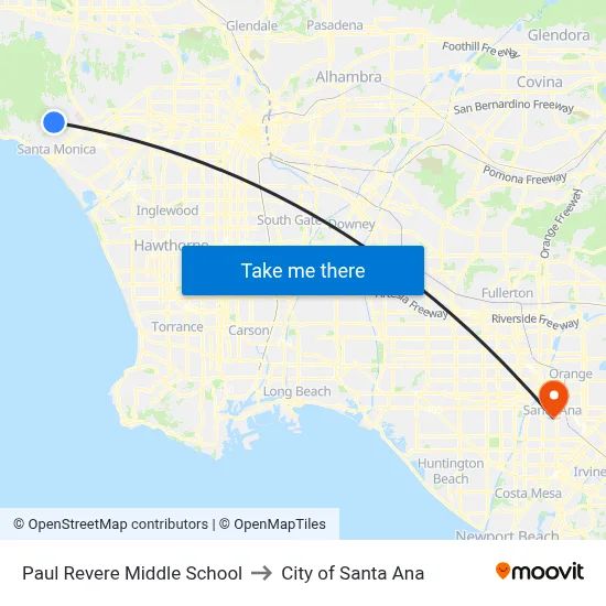 Paul Revere Middle School to City of Santa Ana map