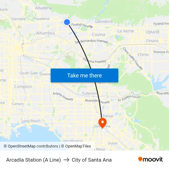 Arcadia Station (A Line) to City of Santa Ana map