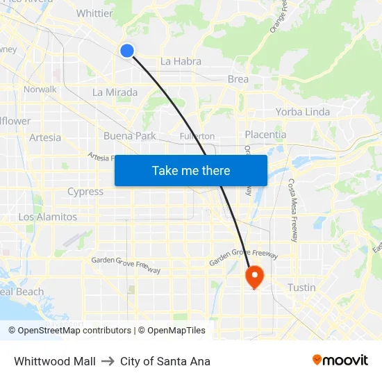Whittwood Mall to City of Santa Ana map